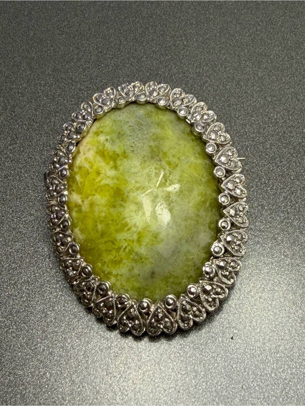 Vintage Moss Agate brooch with Marcasite frame #cz138